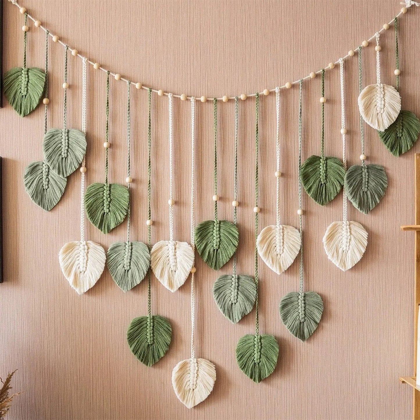 Green Leaves Macrame Wall Art Garland - 29.5'' x 47.25'' - Boho Wall Hanging in Army Green, Blue, and Pink
