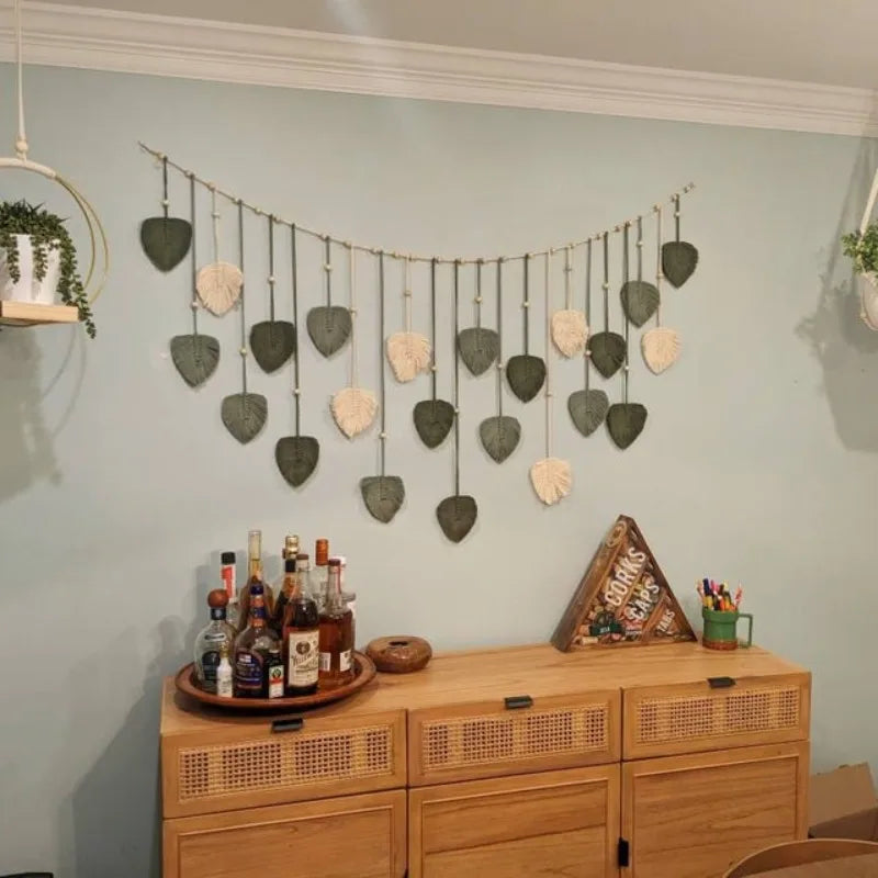 Green Leaves Macrame Wall Art Garland - 29.5'' x 47.25'' - Boho Wall Hanging in Army Green, Blue, and Pink
