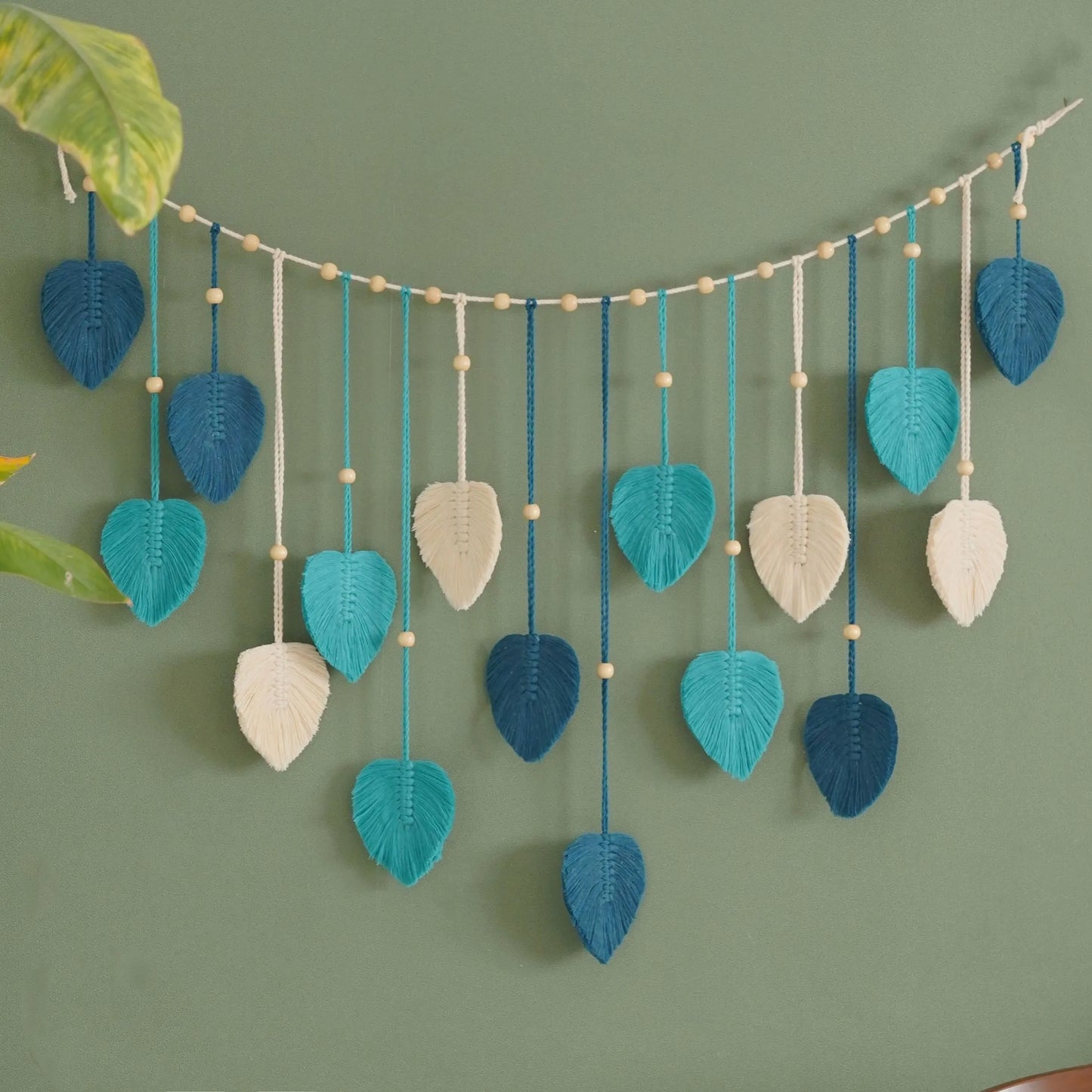Green Leaves Macrame Wall Art Garland - 29.5'' x 47.25'' - Boho Wall Hanging in Army Green, Blue, and Pink