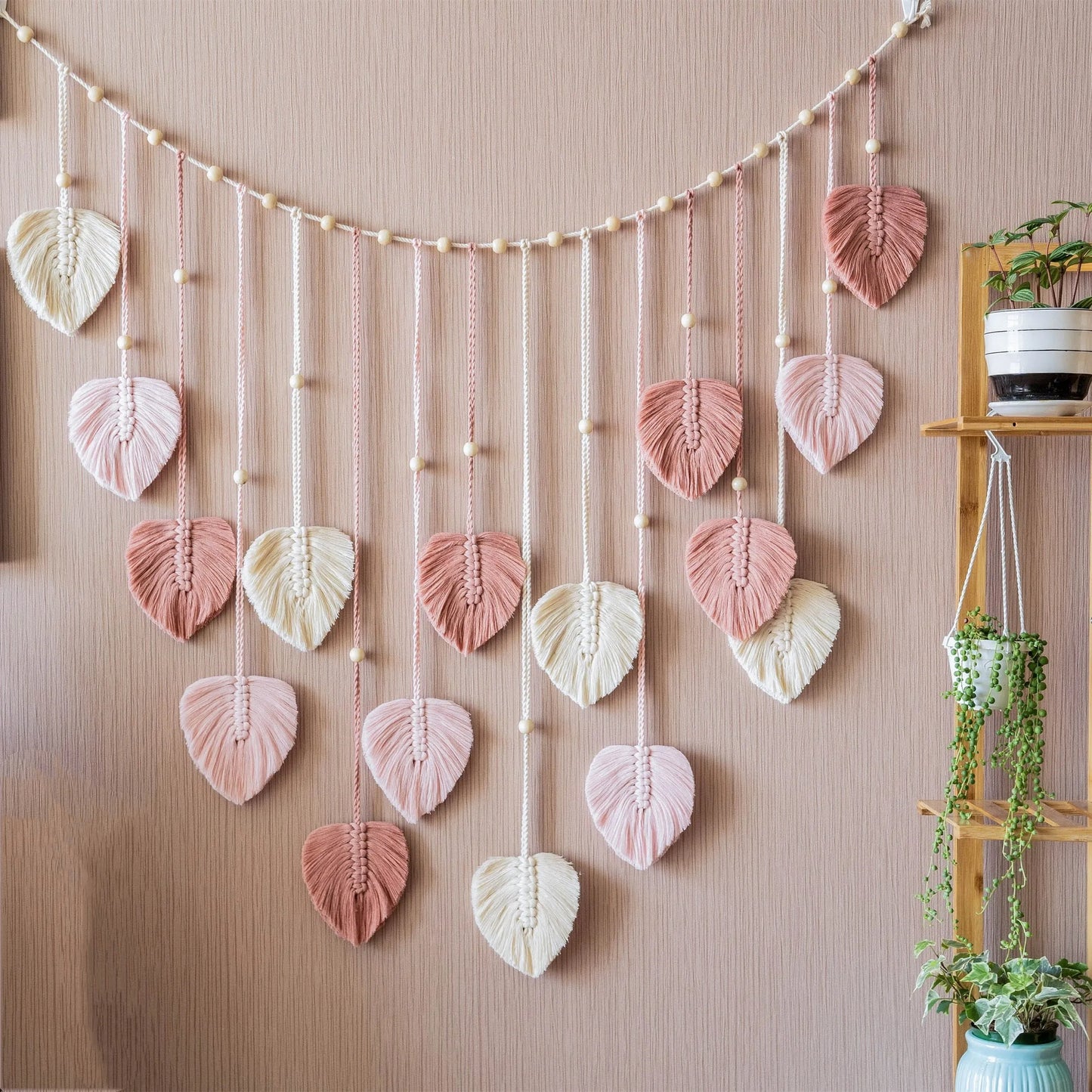 Green Leaves Macrame Wall Art Garland - 29.5'' x 47.25'' - Boho Wall Hanging in Army Green, Blue, and Pink