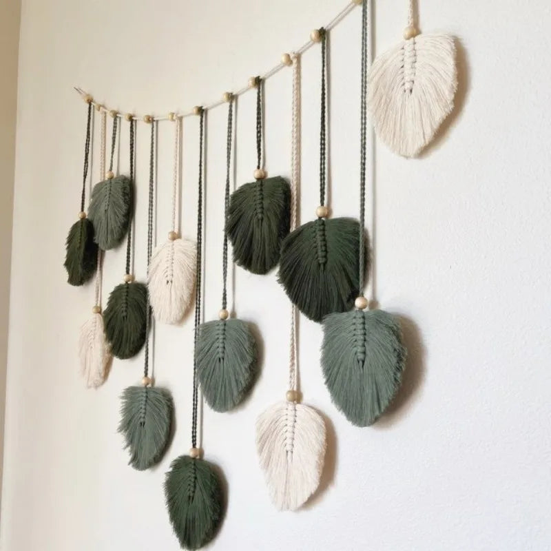 Green Leaves Macrame Wall Art Garland - 29.5'' x 47.25'' - Boho Wall Hanging in Army Green, Blue, and Pink