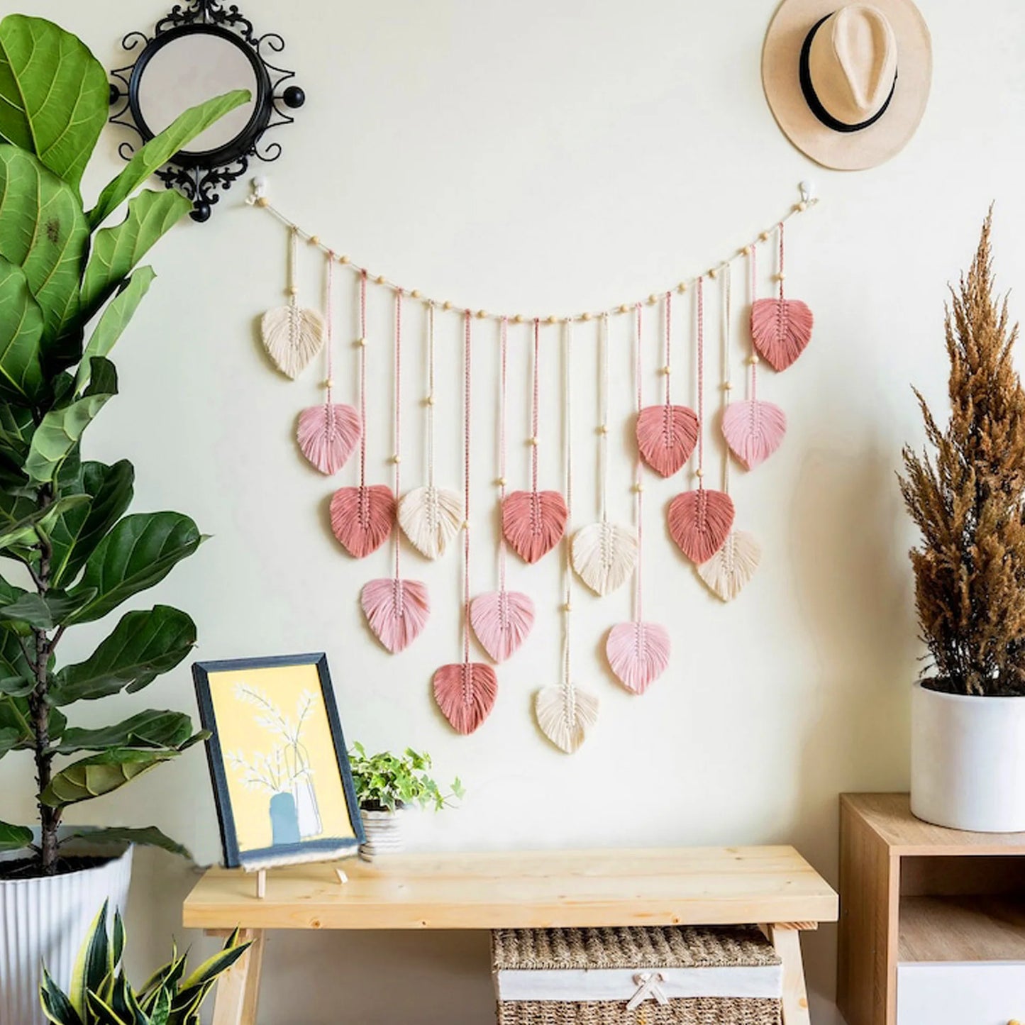 Green Leaves Macrame Wall Art Garland - 29.5'' x 47.25'' - Boho Wall Hanging in Army Green, Blue, and Pink