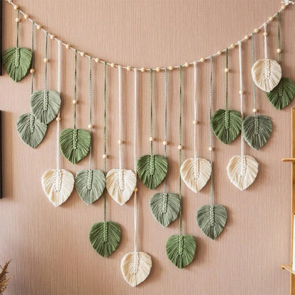 Green Leaves Macrame Wall Art Garland - 29.5'' x 47.25'' - Boho Wall Hanging in Army Green, Blue, and Pink