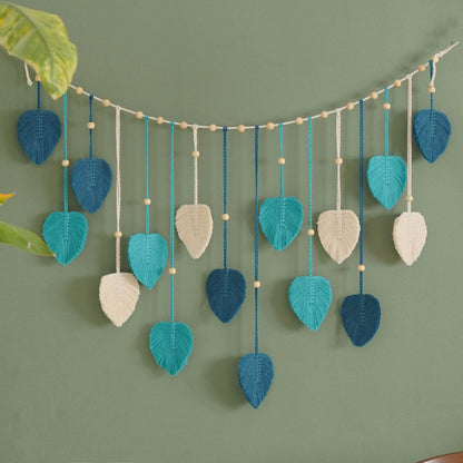 Green Leaves Macrame Wall Art Garland - 29.5'' x 47.25'' - Boho Wall Hanging in Army Green, Blue, and Pink